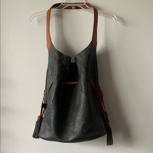 Leather Black and Brown Tote Bag with Tassels & Inside Pouch
